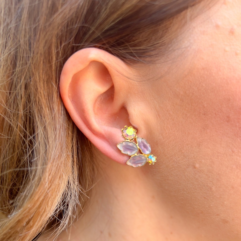 Late 1950s Purple Glass Leaves and Rhinestones Vintage Earrings